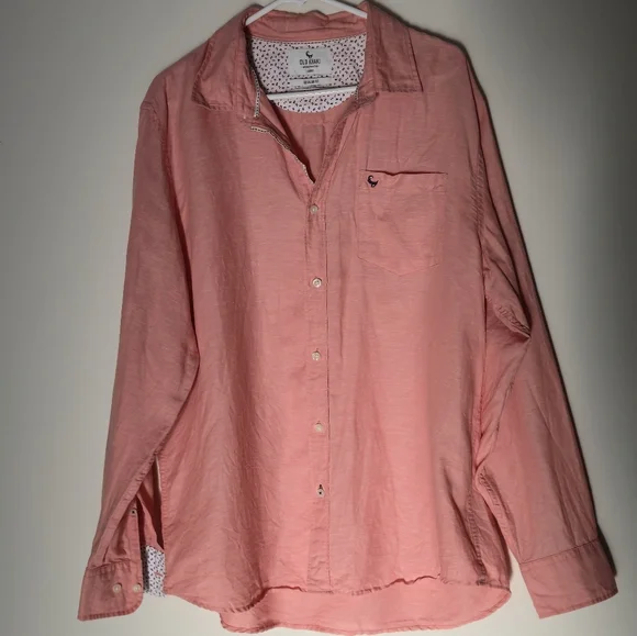 Old Khaki Large Salmon Pink Linen Cotton Blend Button Down Floral Trim Shirt L - Picture 2 of 9